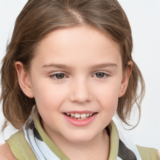 Joyful white child female with medium  brown hair and brown eyes