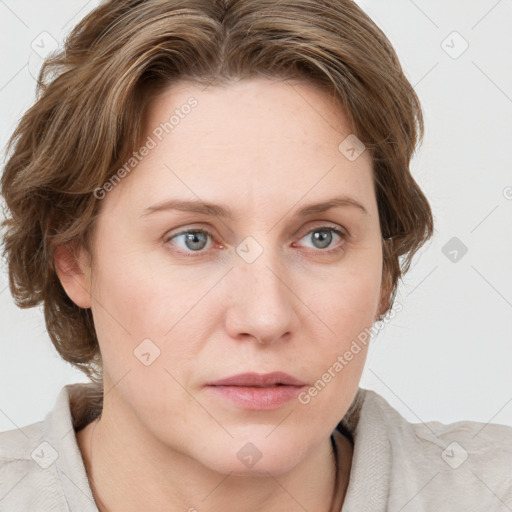 Neutral white young-adult female with medium  brown hair and grey eyes