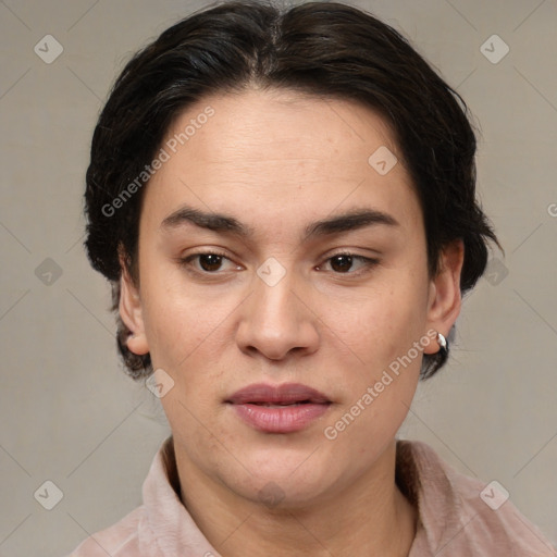 Joyful white young-adult female with medium  brown hair and brown eyes