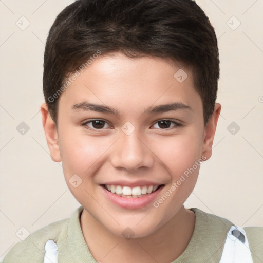 Joyful white child male with short  brown hair and brown eyes