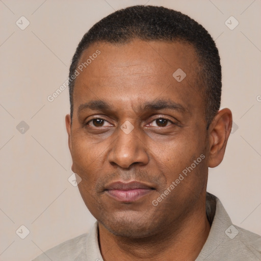 Neutral black adult male with short  black hair and brown eyes