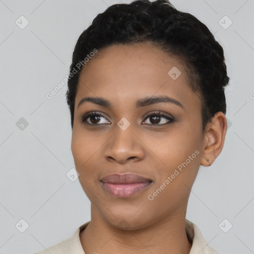 Joyful latino young-adult female with short  black hair and brown eyes