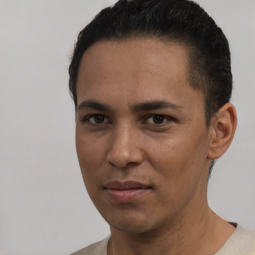 Neutral white young-adult male with short  black hair and brown eyes