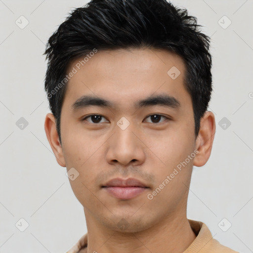 Neutral asian young-adult male with short  black hair and brown eyes