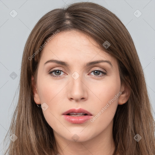 Neutral white young-adult female with long  brown hair and grey eyes