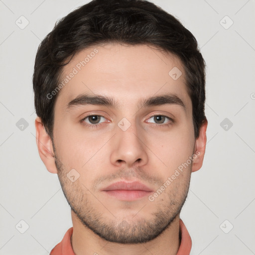 Neutral white young-adult male with short  brown hair and brown eyes