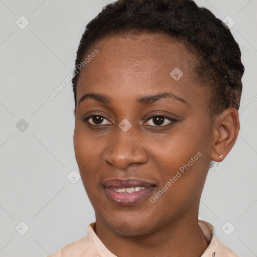 Joyful latino young-adult female with short  black hair and brown eyes