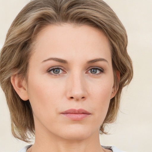 Neutral white young-adult female with medium  brown hair and green eyes