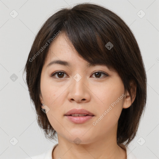 Joyful white young-adult female with medium  brown hair and brown eyes