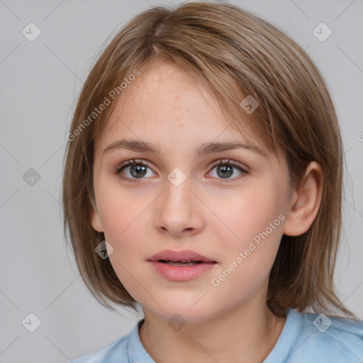 Neutral white young-adult female with medium  brown hair and grey eyes