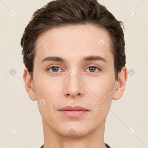 Neutral white young-adult male with short  brown hair and brown eyes