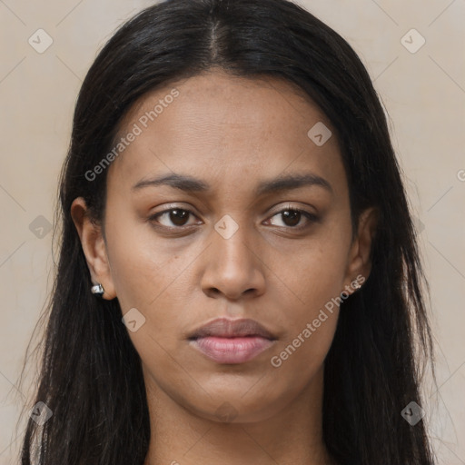 Neutral asian young-adult female with long  brown hair and brown eyes