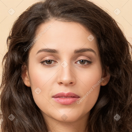 Neutral white young-adult female with long  brown hair and brown eyes