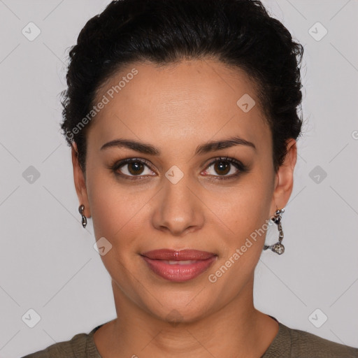 Joyful latino young-adult female with short  brown hair and brown eyes