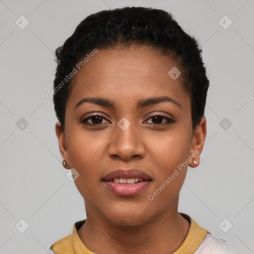 Joyful latino young-adult female with short  black hair and brown eyes