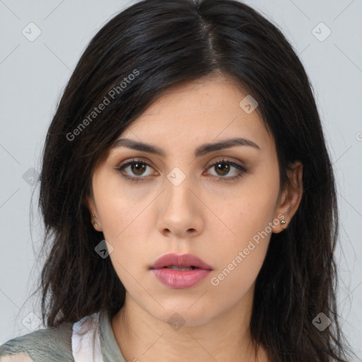 Neutral asian young-adult female with long  black hair and brown eyes