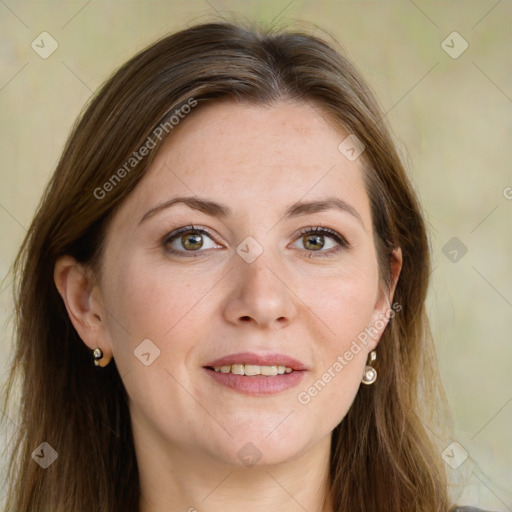 Joyful white young-adult female with long  brown hair and green eyes