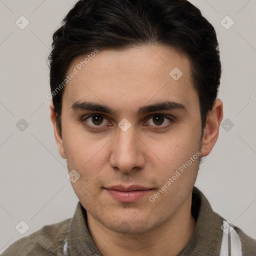 Neutral white young-adult male with short  brown hair and grey eyes