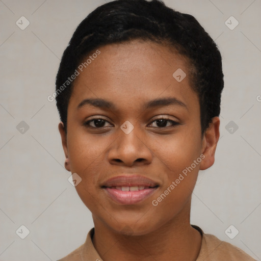 Joyful black young-adult female with short  black hair and brown eyes