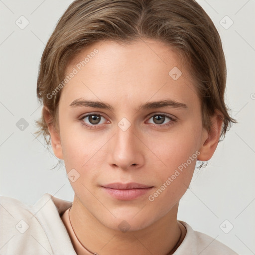 Neutral white young-adult female with short  brown hair and brown eyes