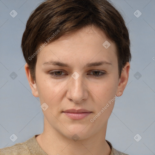 Joyful white young-adult female with short  brown hair and grey eyes