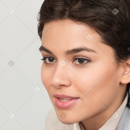 Neutral white young-adult female with medium  brown hair and brown eyes