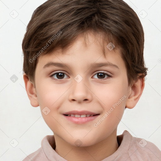 Joyful white child male with short  brown hair and brown eyes