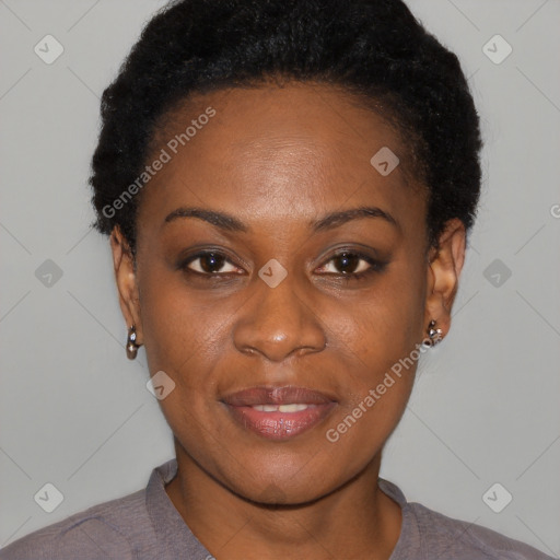 Joyful black young-adult female with short  black hair and brown eyes