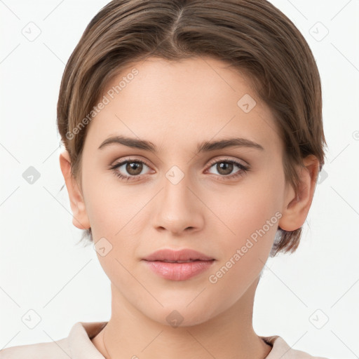 Neutral white young-adult female with short  brown hair and brown eyes