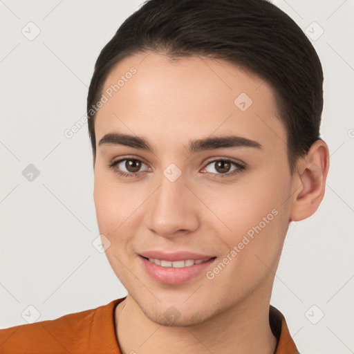 Joyful white young-adult female with short  brown hair and brown eyes