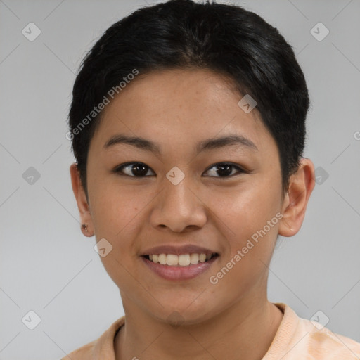 Joyful asian young-adult female with short  brown hair and brown eyes