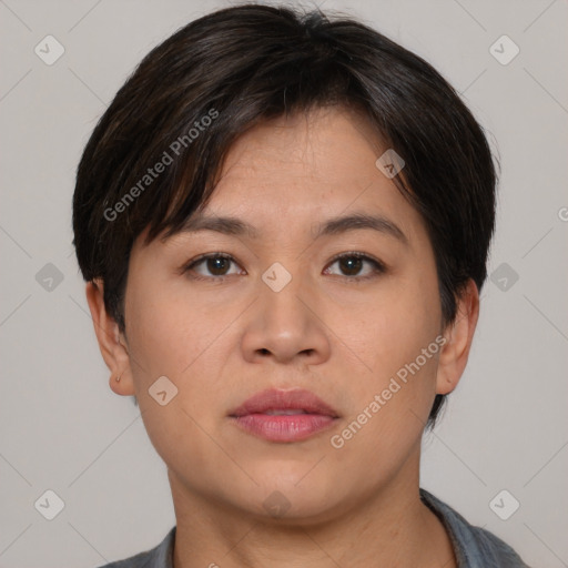 Neutral asian young-adult female with short  brown hair and brown eyes