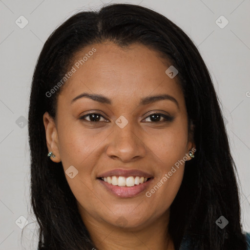 Joyful latino young-adult female with long  brown hair and brown eyes