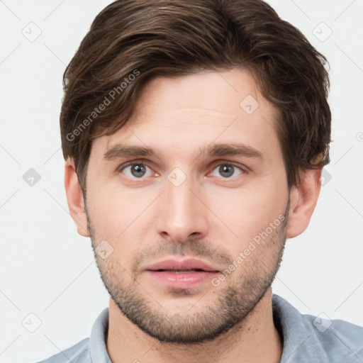 Neutral white young-adult male with short  brown hair and grey eyes