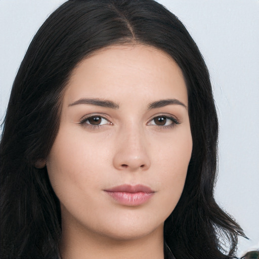 Neutral asian young-adult female with long  black hair and brown eyes