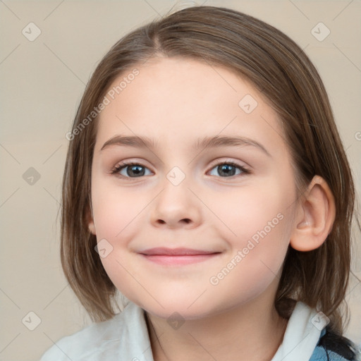 Joyful white child female with medium  brown hair and brown eyes