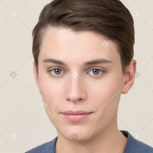 Neutral white young-adult male with short  brown hair and brown eyes