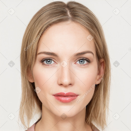 Neutral white young-adult female with medium  brown hair and blue eyes