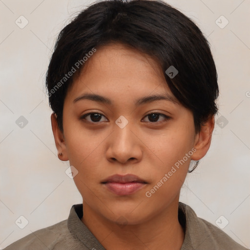 Neutral asian young-adult female with medium  brown hair and brown eyes