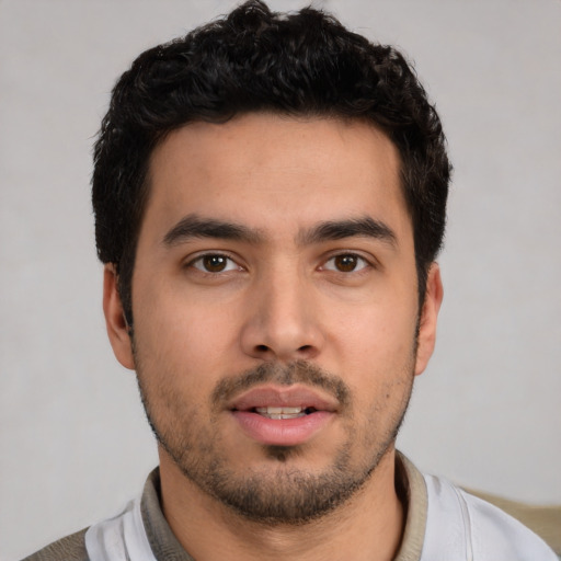 Neutral white young-adult male with short  black hair and brown eyes