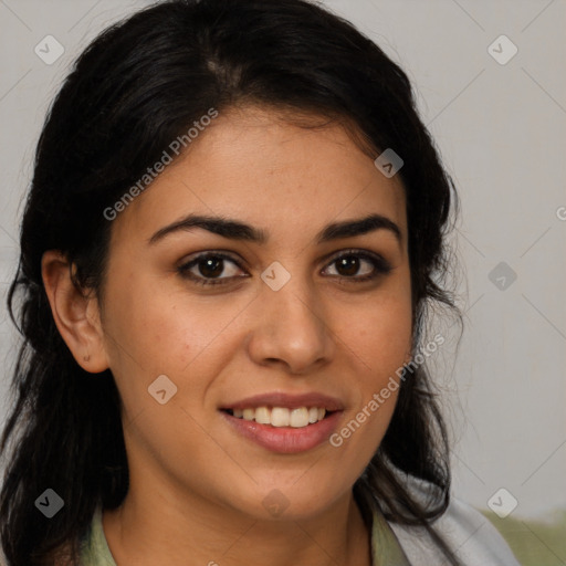 Joyful latino young-adult female with medium  brown hair and brown eyes