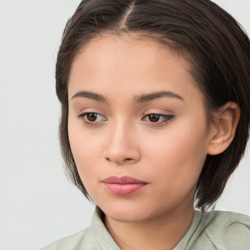 Neutral white young-adult female with medium  brown hair and brown eyes