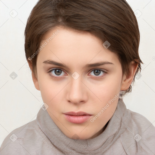 Neutral white young-adult female with short  brown hair and brown eyes