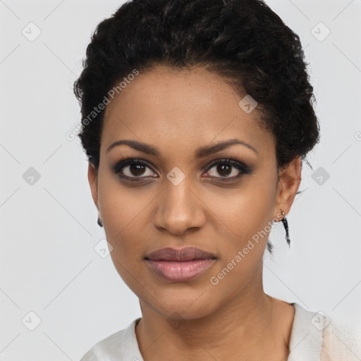 Joyful latino young-adult female with short  black hair and brown eyes