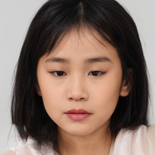 Neutral asian child female with long  brown hair and brown eyes