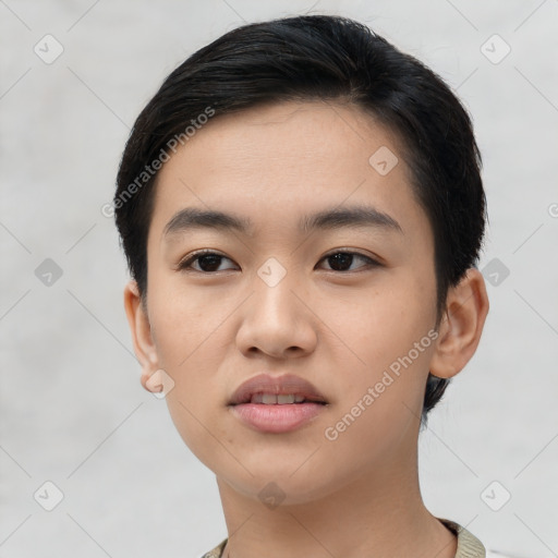 Neutral asian young-adult male with short  brown hair and brown eyes