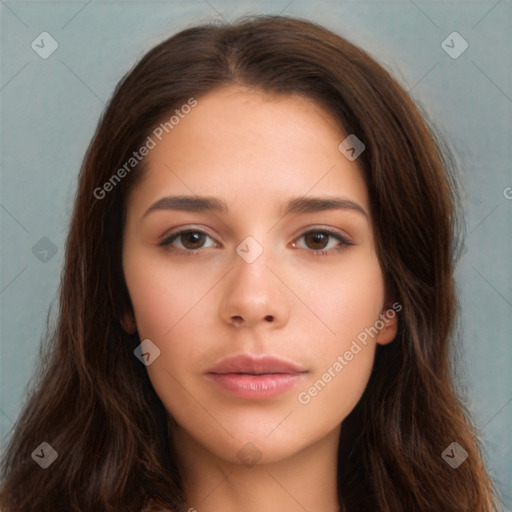 Neutral white young-adult female with long  brown hair and brown eyes