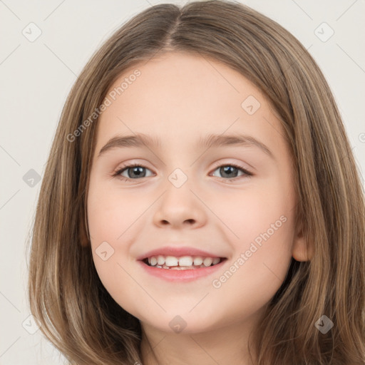 Joyful white child female with long  brown hair and brown eyes