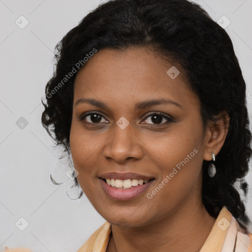 Joyful black young-adult female with medium  brown hair and brown eyes