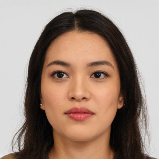 Neutral asian young-adult female with long  brown hair and brown eyes